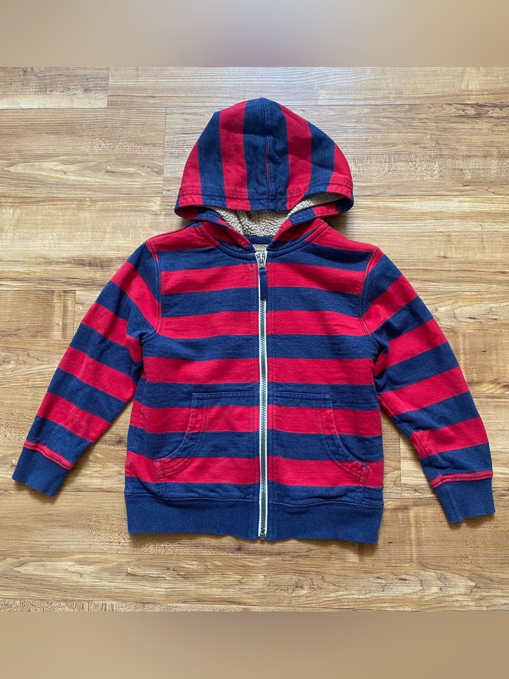 Hanna Andersson Boys 5T 110 Red Blue Striped Sherpa Lined Zip Hoodie Casual Soft
